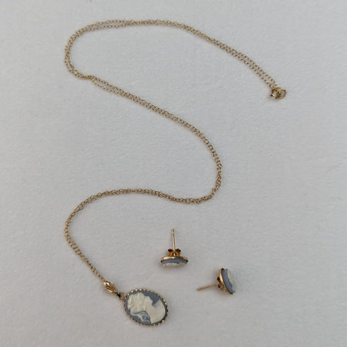 British Vintage Jewelry K9 Gold & Cameo Pendant Necklace Earrings Set